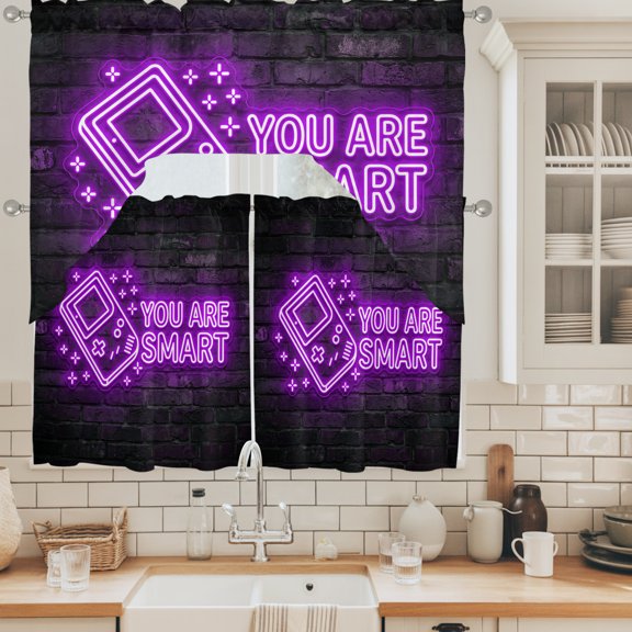 Art Gaming Icons Swag Curtains Valance and Tier Set, Multi Panel Neon Letter Yellow You Are Smart Swag Curtains Drapes Rod Pocket for Kitchen Bathroom Small Window, 3 Pieces 56x36in+27.5x24*2