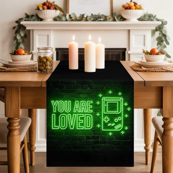 Art Gaming Icons Table Runner 13x36 Inch Multi Panel Neon Letter Green Modern Cotton Linen Dining Table Runner Ideal for Dresser Kitchen Coffee Tables - Machine Washable