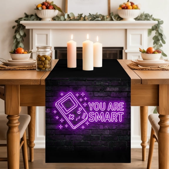 Art Gaming Icons Table Runner, Multi Panel Neon Letter Yellow You Are Smart Washable Cotton-linen Table Runners Dining Kitchen Decoration for Everyday Home Wedding Party Decor, 18 x72 Inch