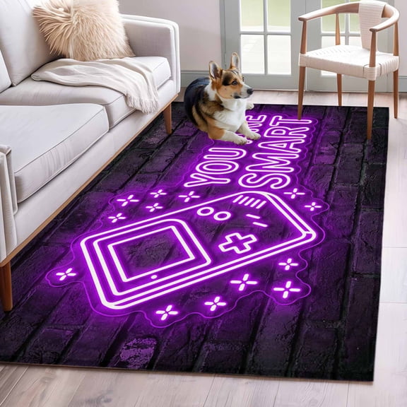 Art Gaming Icons Washable Area Rug 4 x 6 ft Multi Panel Neon Letter Yellow You Are Smart , Soft Non Slip Rugs Stain Repellent Indoor Felt Carpet for Living Dining Room Bedroom Home Office