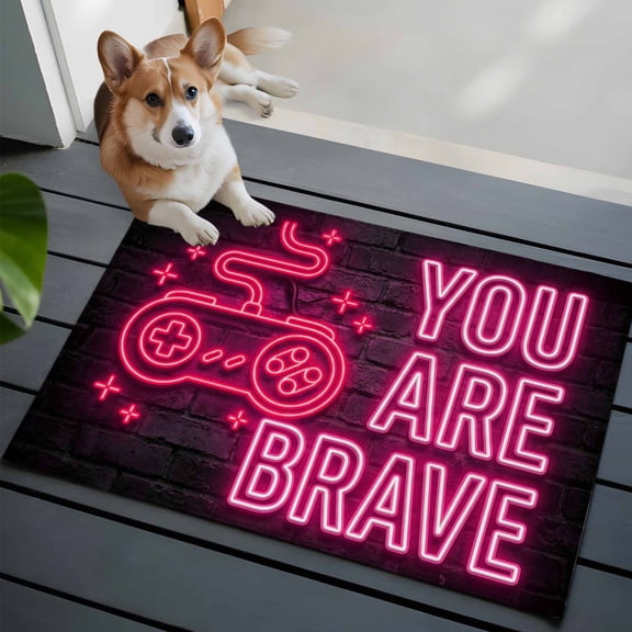 Art Gaming Icons Washable Entry Rug 2x3 Multi Panel Neon Letter Pink You Are Brave Low Pile Indoor Door Mat with Rubber Backing Thin Area Rug for for Entrance, Bedroom, Kitchen, Laundry, Bathroom