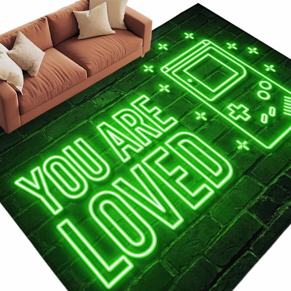 Art Gaming Icons Washable Living Room Rugs 9'x12', Multi Panel Neon Letter Green Modern Low Pile Throw Large Area Rug Non-Slip Sturdy Edge Binding Carpet for Bedroom Dining Room Office