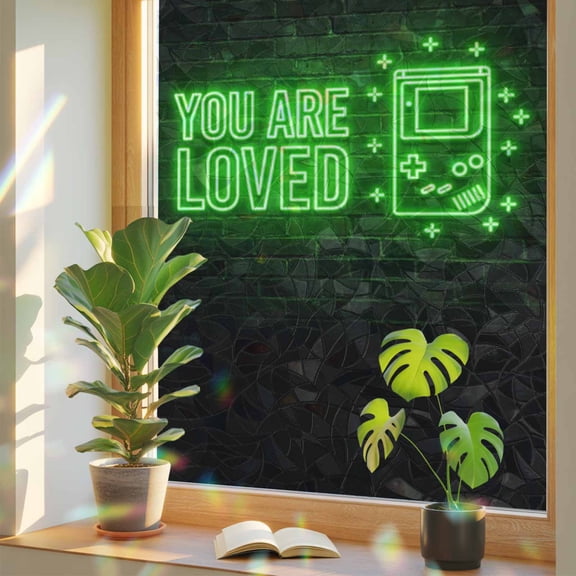 Art Gaming Icons Window Privacy Film, Multi Panel Neon Letter Green Modern Stained Glass Rainbow Film Decorative Window Clings, Static Cling Sun Blocking Stickers 23.6" x 59"
