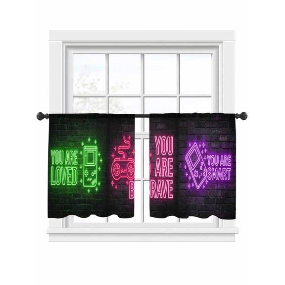 Art Gaming Icons Window Sheer Curtain Multi Panel Neon Letter Green Pink Purple Yellow Semi Curtain Sheers Light Filtering Rod Pocket Voile Drapes for Bedroom Kitchen 52 X 54 Inch, 2 Panels