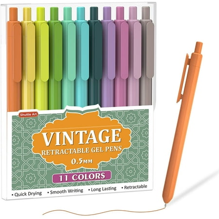 Art Gel Pens, Shuttle Art 11 Vintage Ink Colors Retractable Pens, Cute Pens 0.5mm Fine Point for Writing Drawing Journaling Note Taking