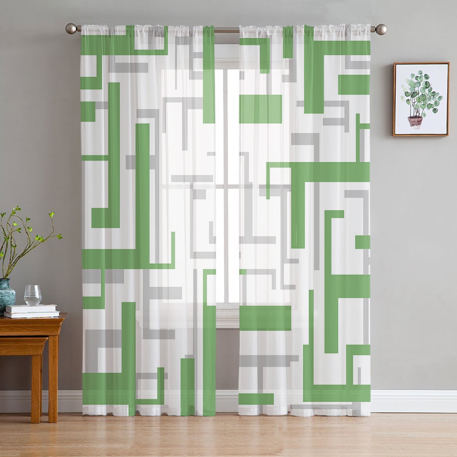 Art Geometry Yellow Grey Sheer Curtains for Living Room Printed Tulle