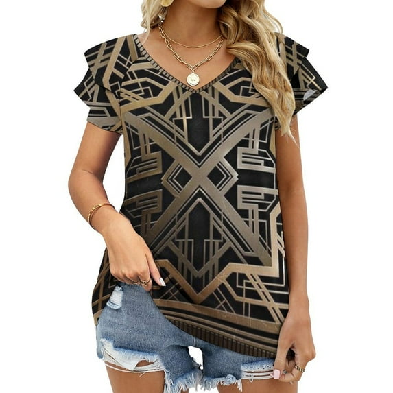 Art Gold Black Vintage Chic 1920 Era The Great Gatsby Lotus Leaf Neck T-Shirt Long Sleeve Women'S T Shirt