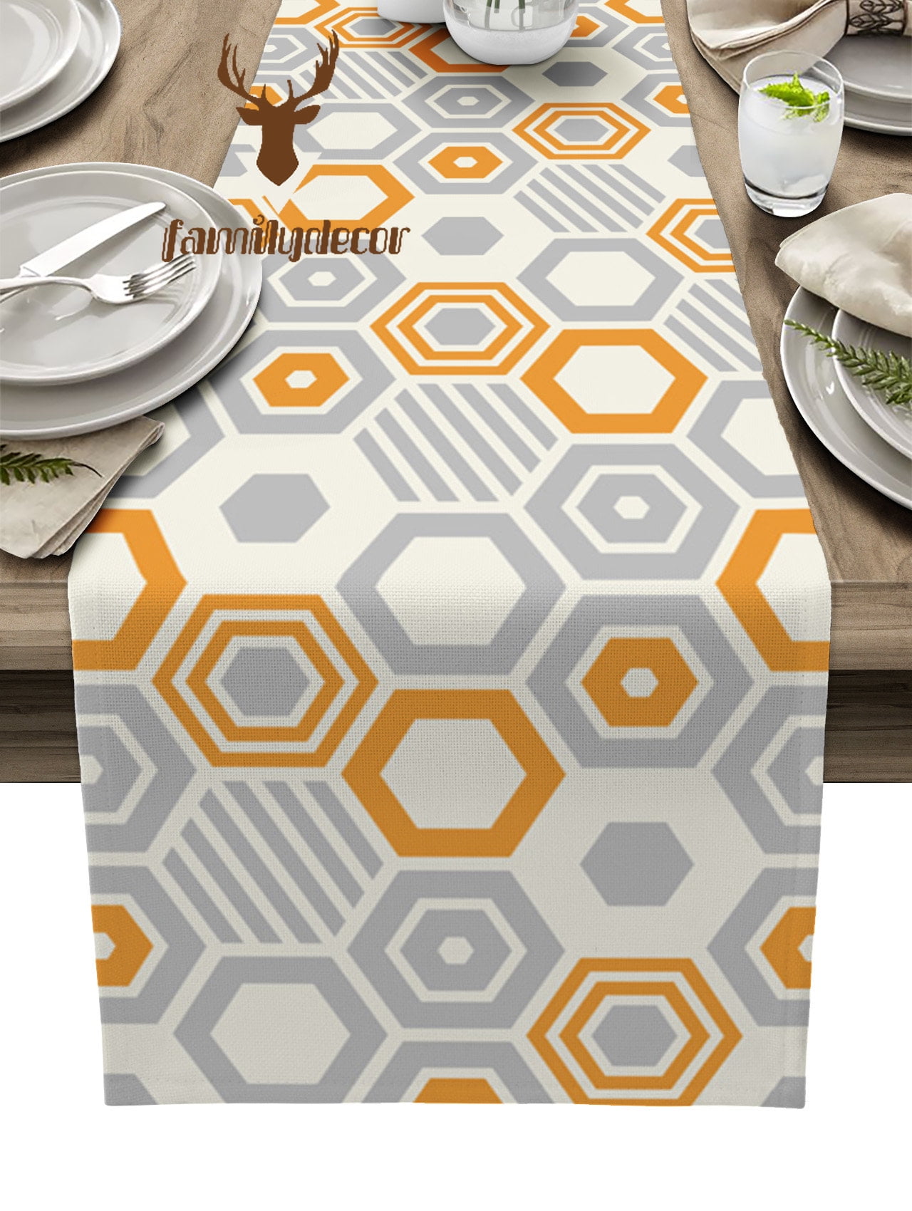 Art Hexagon Geometry Orange Grey Printed Table Cloth Coffee Table