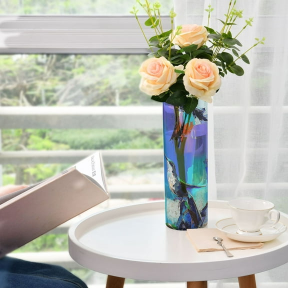 Art Hummingbirds Pattern Plastic Vase 11.8'' x 3.9'' Transparent Non Breakable Decorative for Family