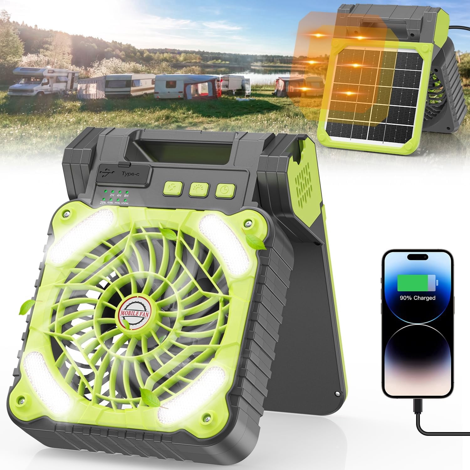 Art In Real Solar Powered Camping Fan, 10400mAh Rechargeable with LED Lantern, Strong Airflow, 4 Speeds & 3 Timers for Picnic, Fishing & Outdoor Use
