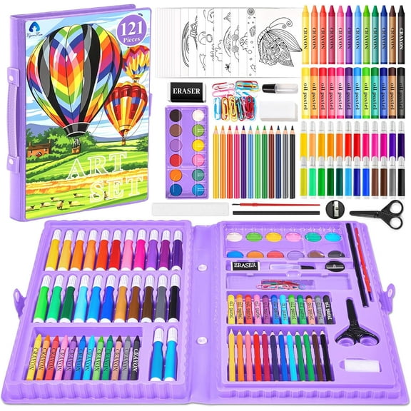 Art Kit, Vigorfun 121 Piece Drawing Painting Art Supplies for Kids Girls Boys Teens, Gifts Art Set Case Includes Oil Pastels, Crayons, Colored Pencils, Watercolor Cakes (Purple)