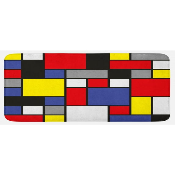 Art Kitchen Mat, Mondrianesque Pop Design with Colorful Squares Lively Colors Geometric Shapes Print, Plush Decorative Kitchen Mat with Non Slip Backing, 47" X 19", Multicolor, by Ambesonne