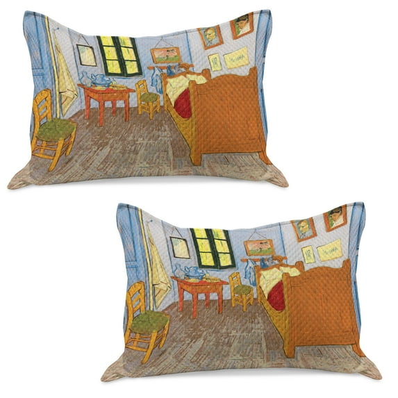 Art Knitted Quilt Pillowcover Set of 2, Painting Style Room Interior Bed Hanged Pictures Table and Chairs near the Window, Standard Queen Pillow Sham Bedroom, 30" x 20", Multicolor, by Ambesonne