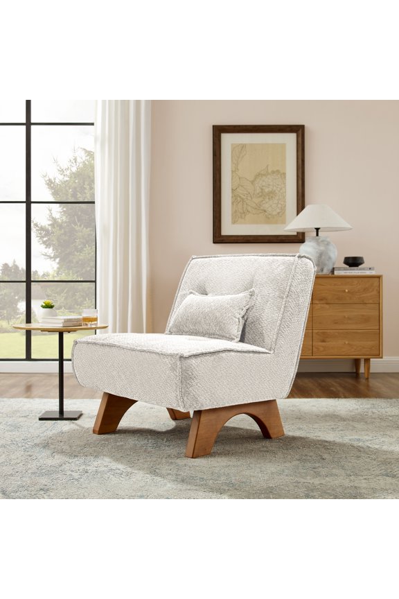 29.5" W Boucle Upholstered Tufted Accent Lounge Chair, Solid Wood Legs Leisure Chair with Pillow, Off White