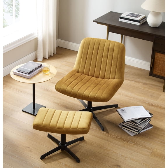 Art Leon Accent Chair with Ottoman,360 Degree Swivel Reading Chair for Bedroom Livingroom, Velvet Height Adjustable, Brown