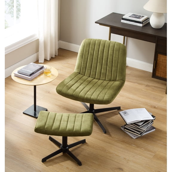 Art Leon Accent Chair with Ottoman,360 Degree Swivel Reading Chair for Bedroom Livingroom, Velvet Height Adjustable, Green