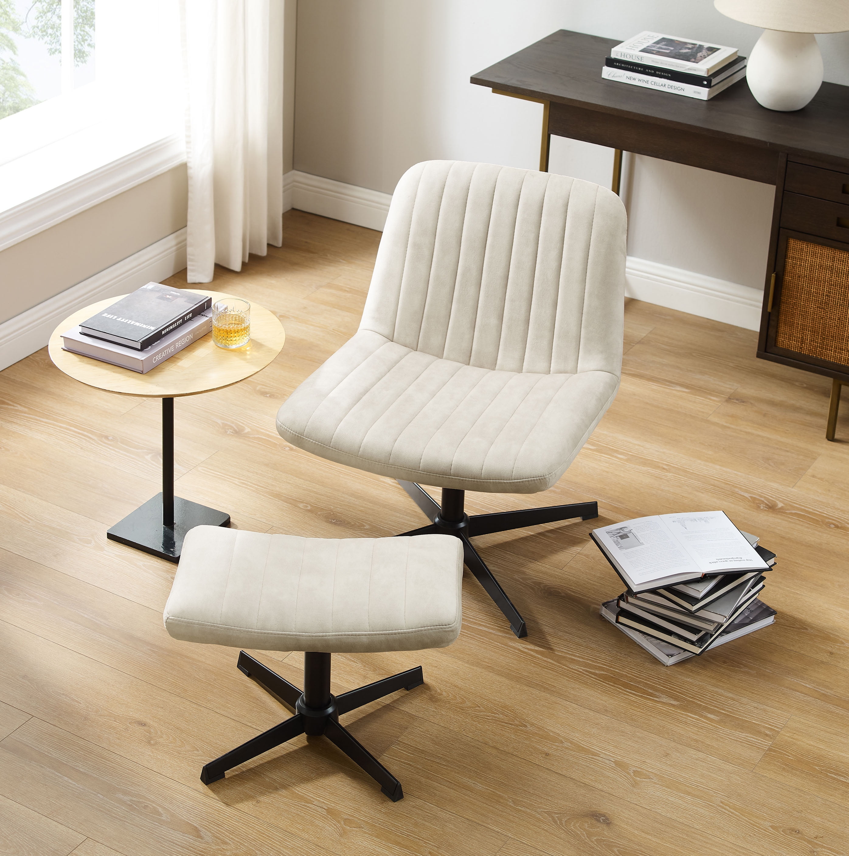 Off-White Velvet Swivel Accent Chair with Ottoman