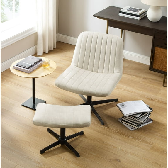 Art Leon Accent Chair with Ottoman,360 Degree Swivel Reading Chair for Bedroom Livingroom, Velvet Height Adjustable, Off-White