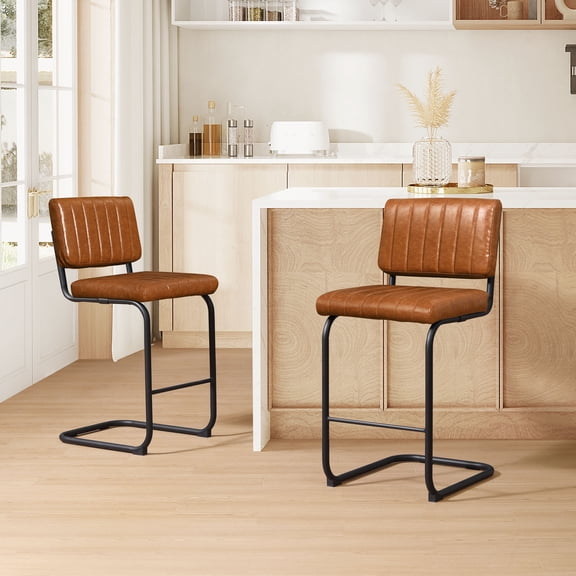 Art Leon Bar Stools Set of 2, Faux Leather Counter Height Stools for Kitchen,Orange