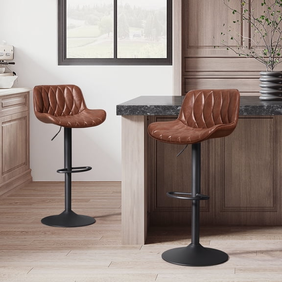 Art Leon Bar Stools Set of 2, PU Leather Swivel Steel Legs,Brown
