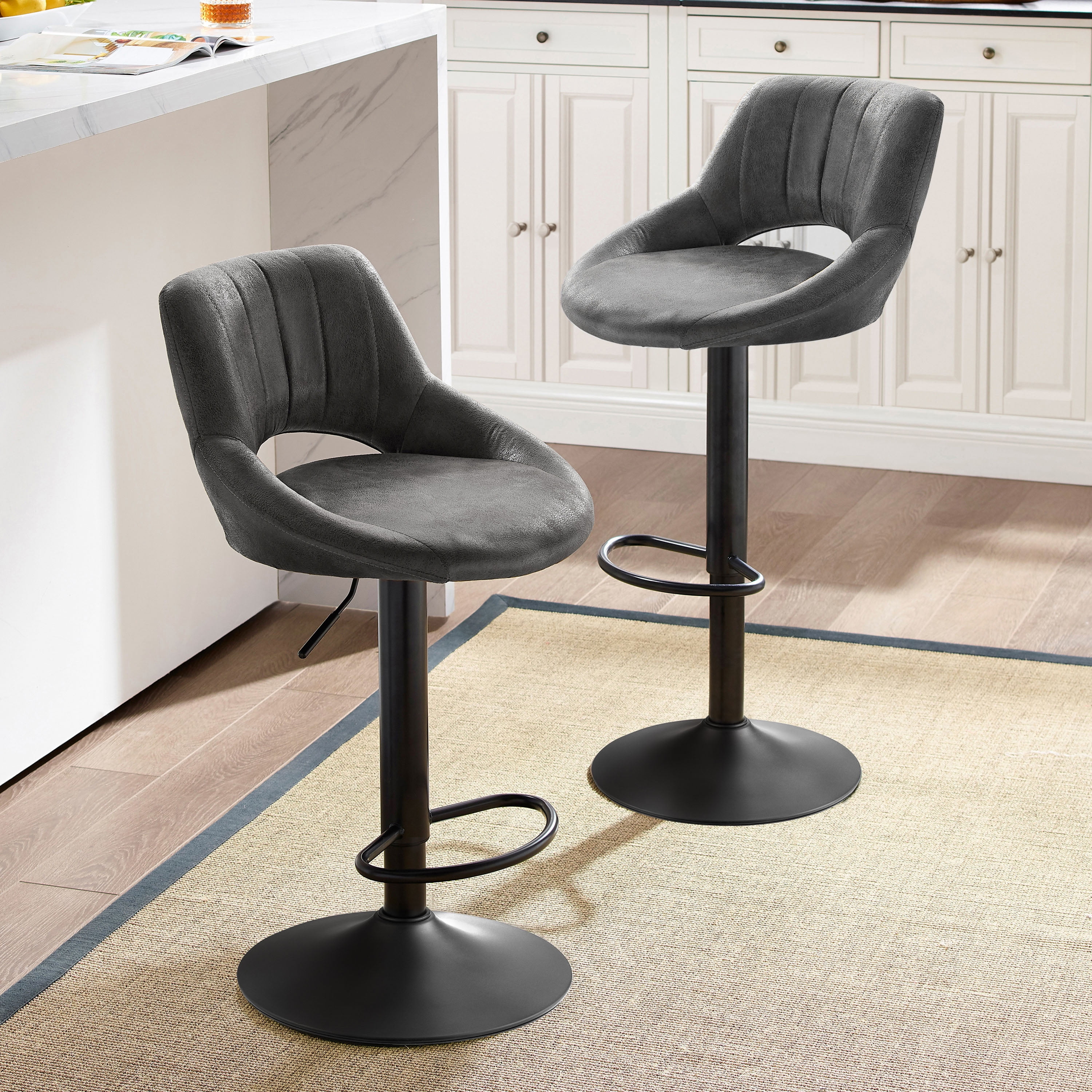 Gray Adjustable Swivel Faux Leather Bar Stools with Metal Base, Set of 2