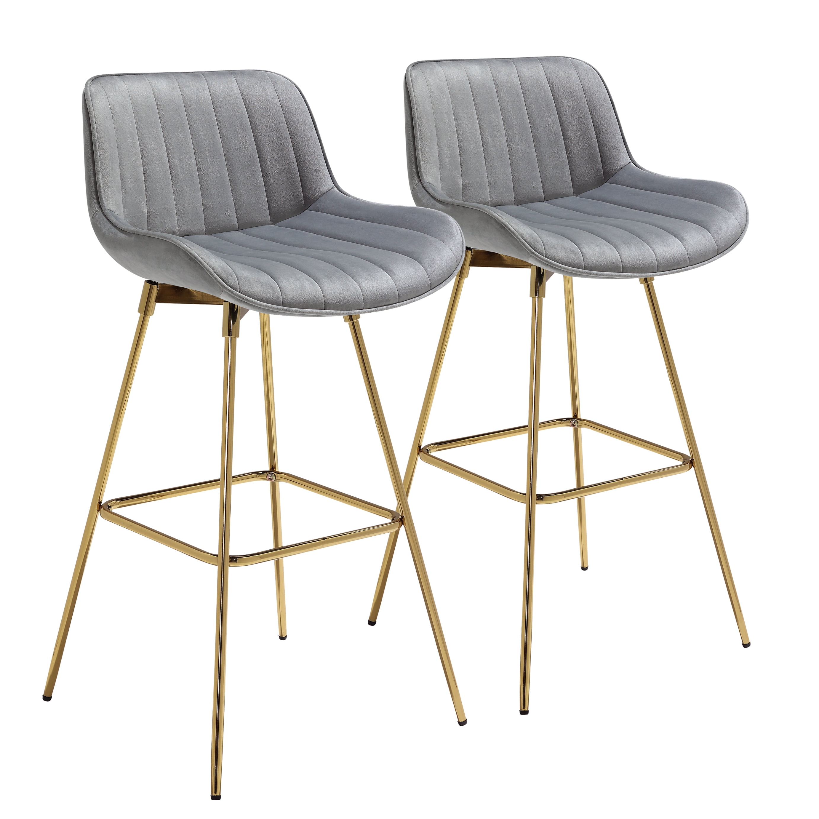 Luxurious Gray Velvet & Gold-Plated Swivel Bar Stool Set
