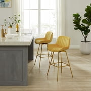 Art Leon Counter Height Bar Stools, 26" Height Swivel Velvet, Island Stools with Golden Metal Legs, Set of 2, Yellow