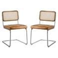 thumbnail image 1 of Art Leon Mid‑Century Modern Tufted PU Dining Side Chair, Oak Wood Trim Wicker Rattan Back Chrome Cantilever Frame Set of 2, Yellow, 1 of 10