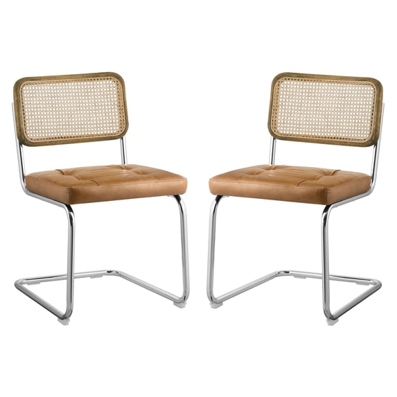 Art Leon Mid‑Century Modern Tufted PU Dining Side Chair, Oak Wood Trim Wicker Rattan Back Chrome Cantilever Frame Set of 2, Yellow