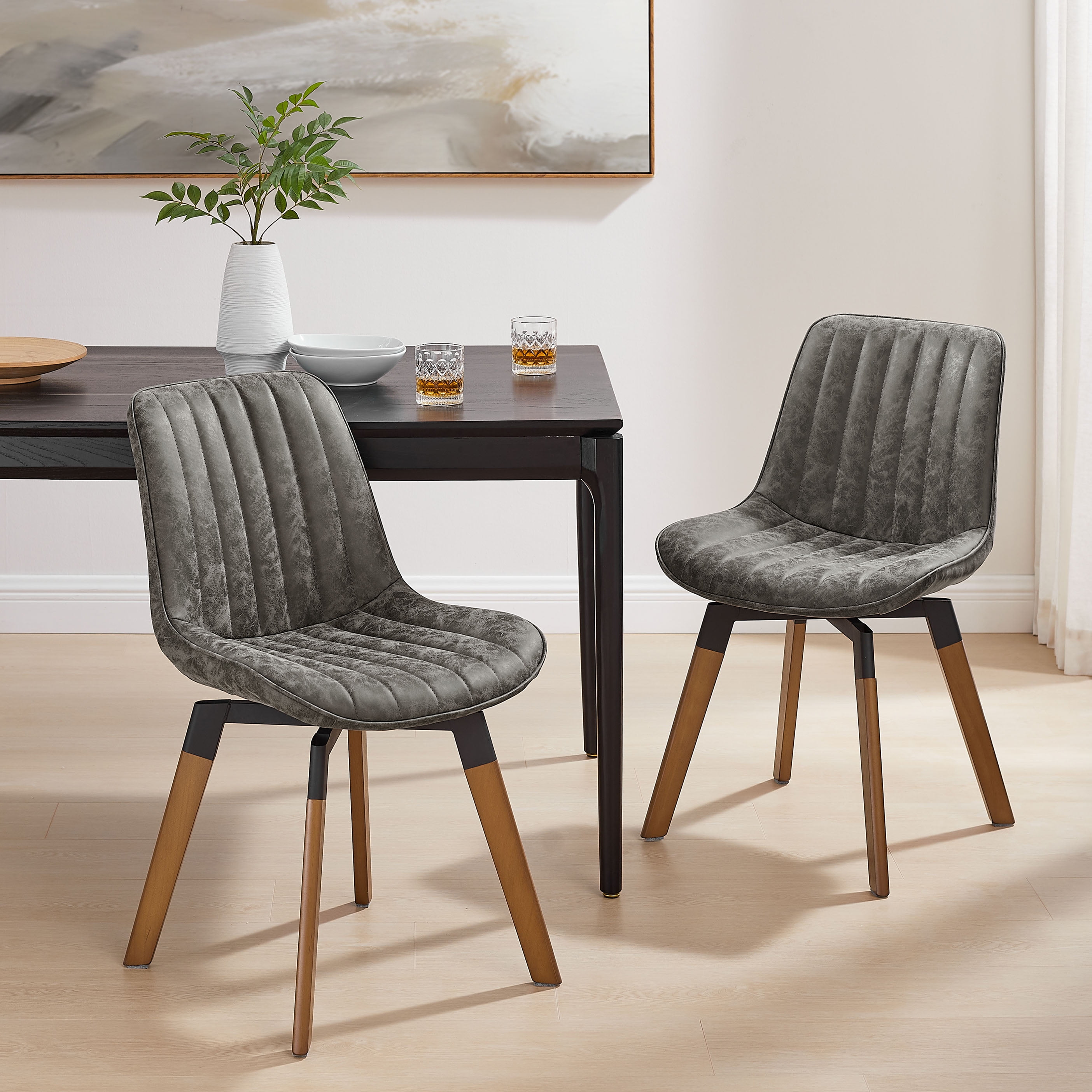 Art Leon Dining Chairs with Wooden Legs, Swivel PU Leather, Set of 2
