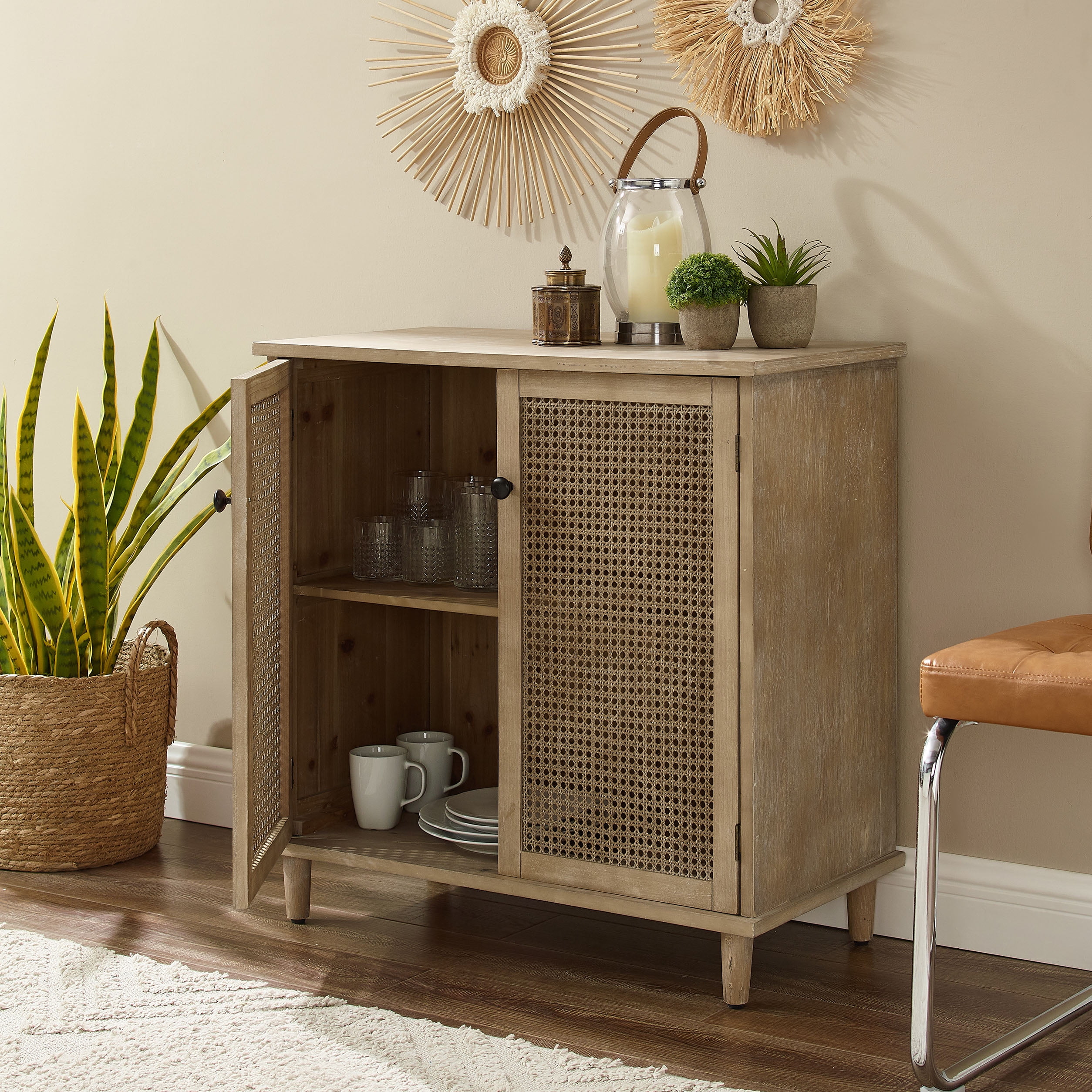 Natural Brown Bamboo Freestanding Office Cabinet with Rattan Doors