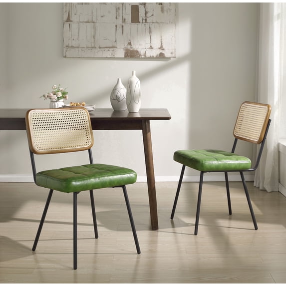 Art Leon Kitchen Dining Chairs, Rattan Cane Back Faux Leather Upholstered Side Chair, Set of 2, Green
