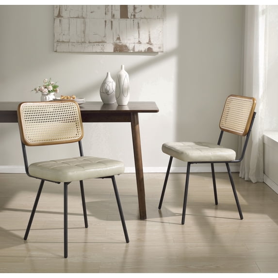 Art Leon Kitchen Dining Chairs, Rattan Cane Back Faux Leather Upholstered Side Chair, Set of 2, Off-White