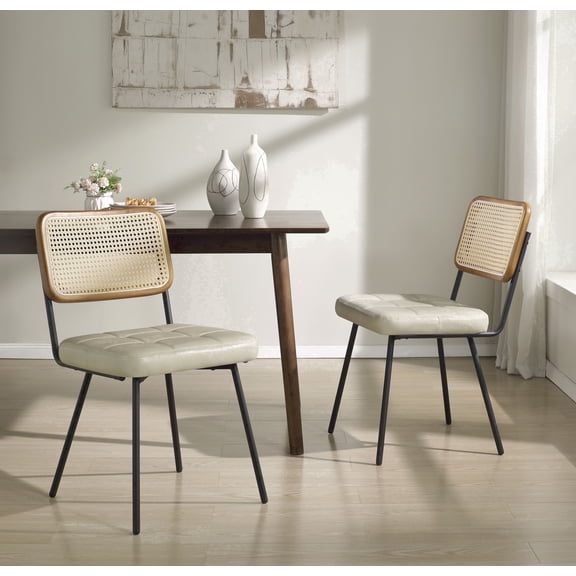 Art Leon Modern Kitchen Dining Chairs, Rattan Cane Back Tufted Faux Leather Upholstered Side Chair, Set of 2, Off-White