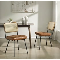 Art Leon Kitchen Dining Chairs, Rattan Cane Back Faux Leather Upholstered Side Chair,Set of 2, Yellow Brown