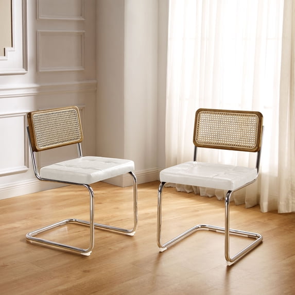 Art Leon Mid‑Century Modern Tufted PU Dining Side Chair, Oak Wood Trim Wicker Rattan Back Chrome Cantilever Frame Set of 2, Off-White