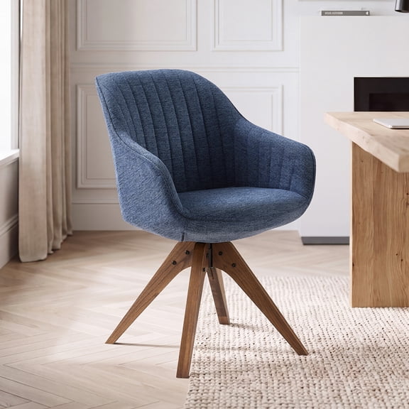 Art Leon Mid-Century Modern 360° Swivel Desk Chair No Wheels, Fabric Upholstered Accent Chair with Oak Wood Legs, for Living Room Bedroom, Blue