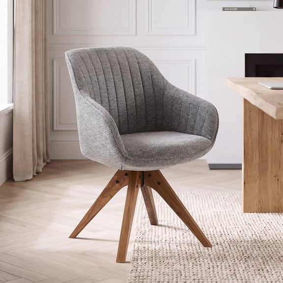 Art Leon Mid-Century Modern Accent Side Chair, 360° Swivel No Wheels, Linen Upholstered Oak Legs, for Study Living Room Bedroom, Gray