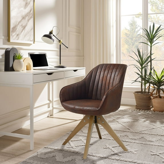 Art Leon Mid Century Accent Chair for Living Room, Faux Leather Swivel Desk Chair with Wood Legs, Mocha Color