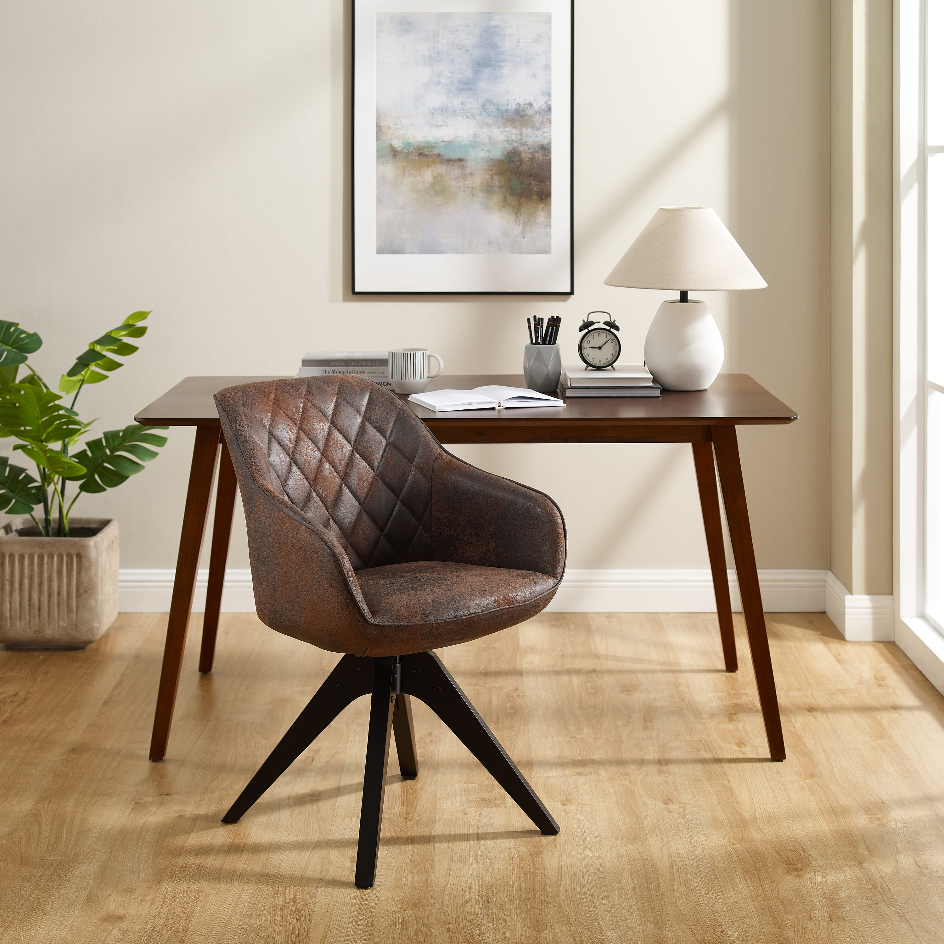Art Leon Desk Chair No Wheels, with Foot Rest Ottoman and Lumbar Pillow,  Mid Century Modern Chair, Adjustable Height Swivel Accent Chair for Living