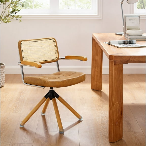 Art Leon Mid Century Accent Desk Chair No Wheel,PU Leather Rattan Back with Beech Wood Legs,Brown