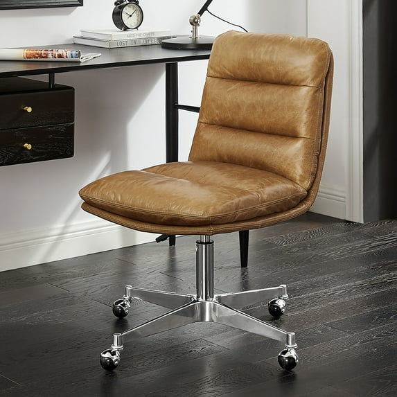 Art Leon Mid-Century Desk Chair Genuine Leather Aluminum Alloy Base Brown with Wheels, Height Adjustable
