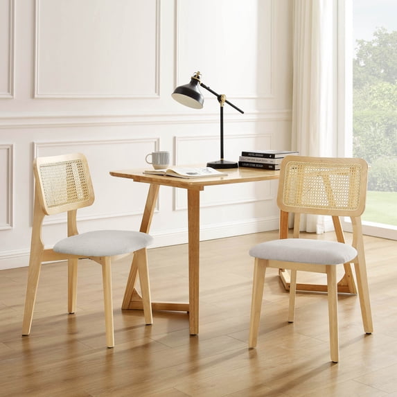 Art Leon Mid Century Dining Chairs Set of 2, Fabric Rattan Cane Back with Ash Frame, Off-White