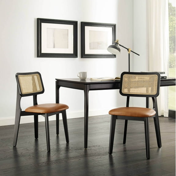 Art Leon Mid Century Dining Chairs Set of 2, Genuine Leather Rattan Cane Back with Ash Frame, Black