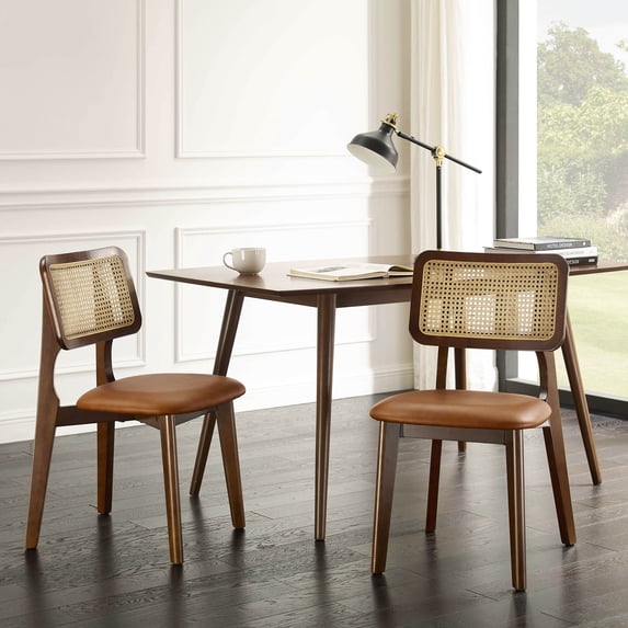 Art Leon Mid Century Dining Chairs Set of 2, Genuine Leather Rattan Cane Back with Ash Frame, Brown