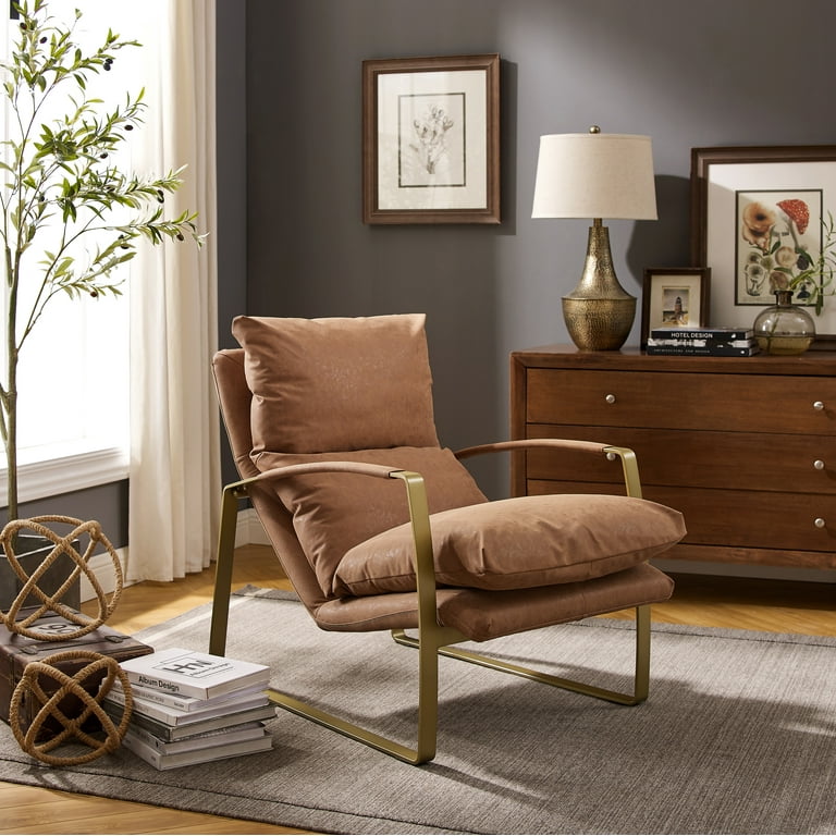 Art Leon Mid Century Faux Leather Lounge Chair Metal Frame Orange