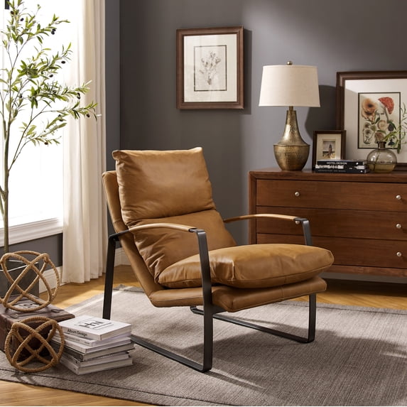 Art Leon Mid Century Genuine Leather Lounge Chair Metal Frame Cognac