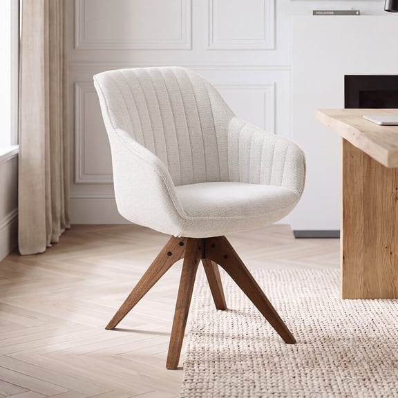 Art Leon Mid-Century Modern Accent Side Chair, 360° Swivel No Wheels, Linen Upholstered Oak Legs, for Study Living Room Bedroom, Off-White