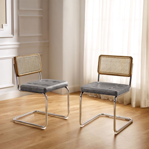 Art Leon Mid‑Century Modern Tufted PU Dining Side Chair, Oak Wood Trim Wicker Rattan Back Chrome Cantilever Frame Set of 2, Gray