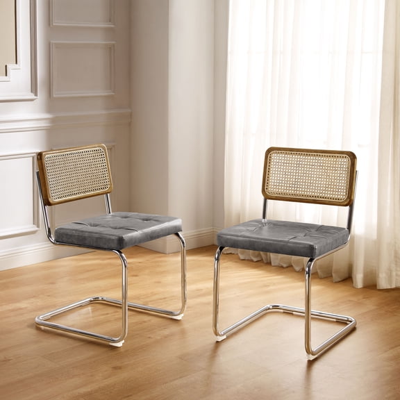 Art Leon Mid Century Modern Dining Chairs Set of 2, Rattan Upholstered Kitchen Chair with Chrome Legs, Faux Leather Living Room Chairs, Gray
